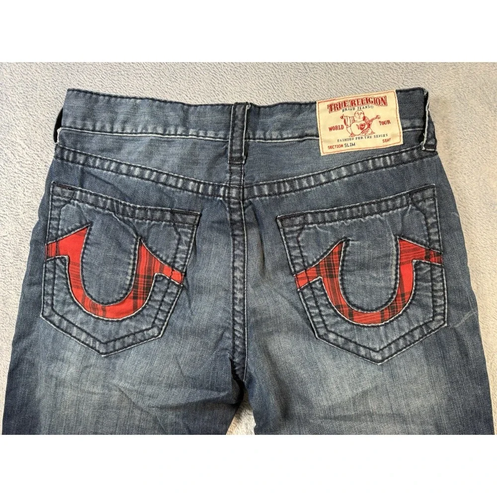 True Religion Slim Section Jeans Men Blue Plaid Horseshoe Pocket True 33x28
